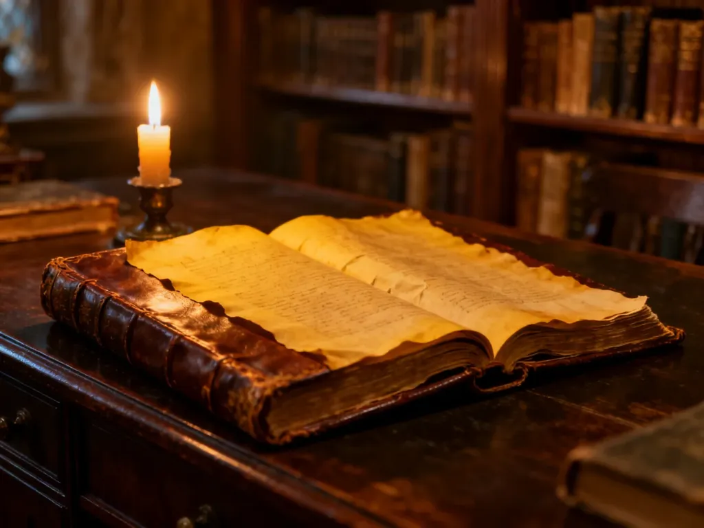 Otwarta, zabytkowa księga w skórzanej oprawie na drewnianym biurku, oświetlona ciepłym blaskiem świec w klimatycznej bibliotece.