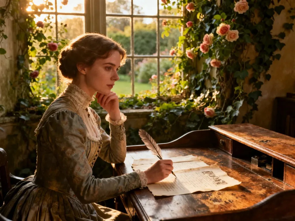 Frances Hodgson Burnett przy biurku w gabinecie, patrząca na rękopis z widokiem na tajemniczy ogród w tle.